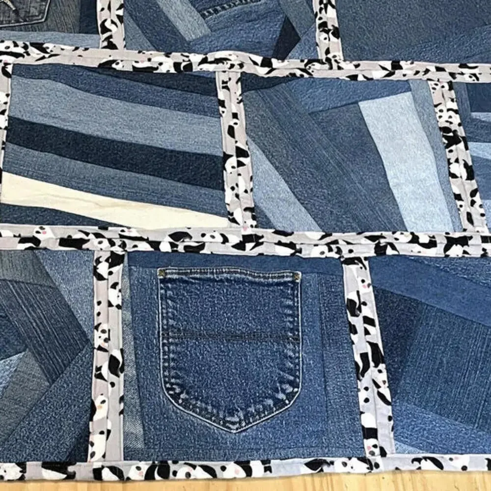 Handmade Denim‎ Quilt Panda Print Flannel on Reverse Heavy Blanket 46 x 42